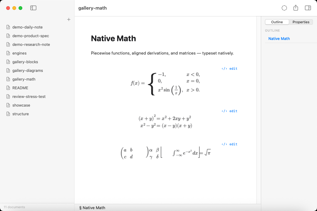 A gallery of LaTeX math rendered natively by Vinculum — fractions, integrals, matrices, aligned equations