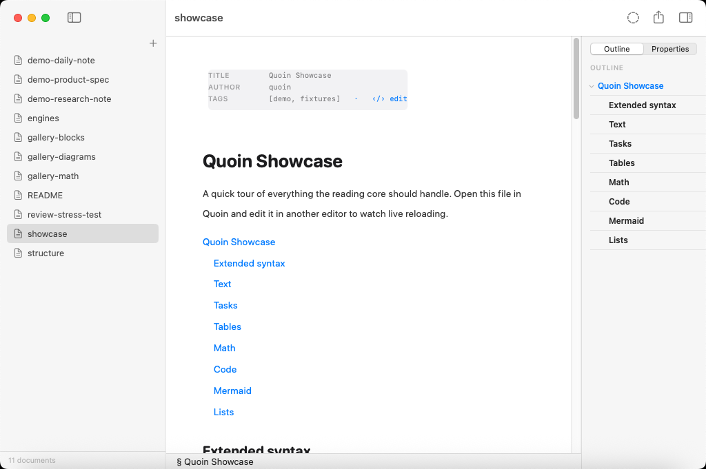 Quoin editing a Markdown document, showing the library sidebar, the rendered body, the outline panel, and the floating format pill