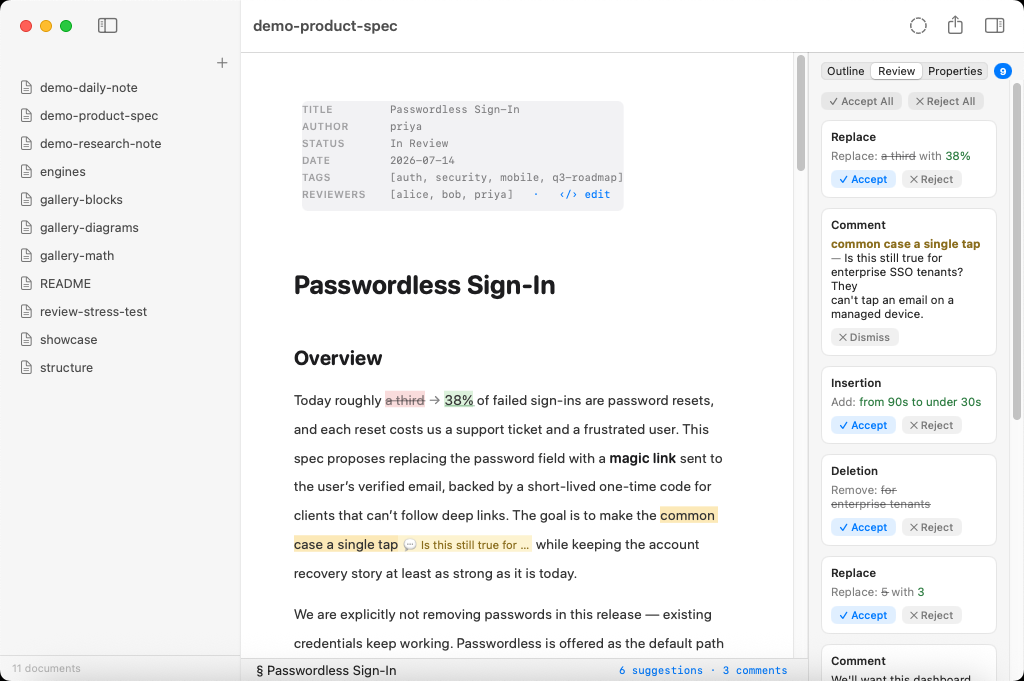 Review inspector cards beside a marked-up document: suggestion and comment cards with author, timestamp, and Accept / Reject / Dismiss