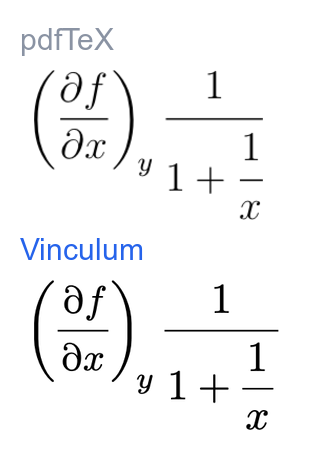 A partial derivative with a continued fraction rendered by pdfTeX and by Vinculum — essentially identical