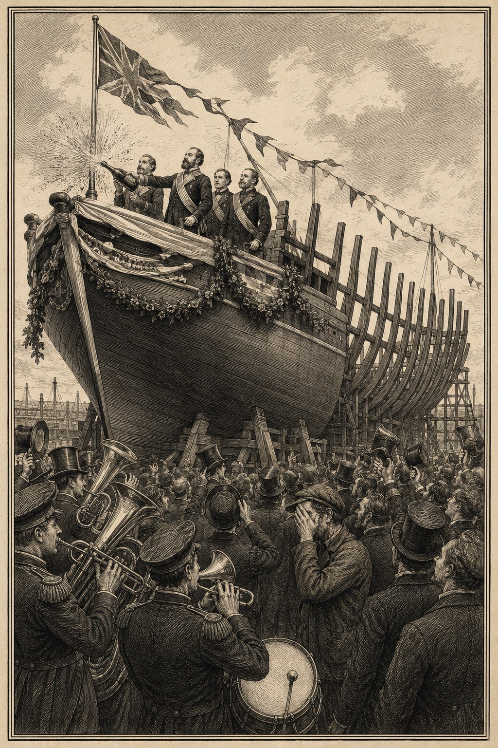Wood engraving of a ship christening; the stern is unfinished